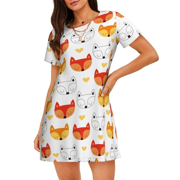 Disketp Cute Fox with Heart para Camisón Corto de Manga Corta para Mujeres, Camisón Cómodo con Escote Redondo, Bonito y Confortable