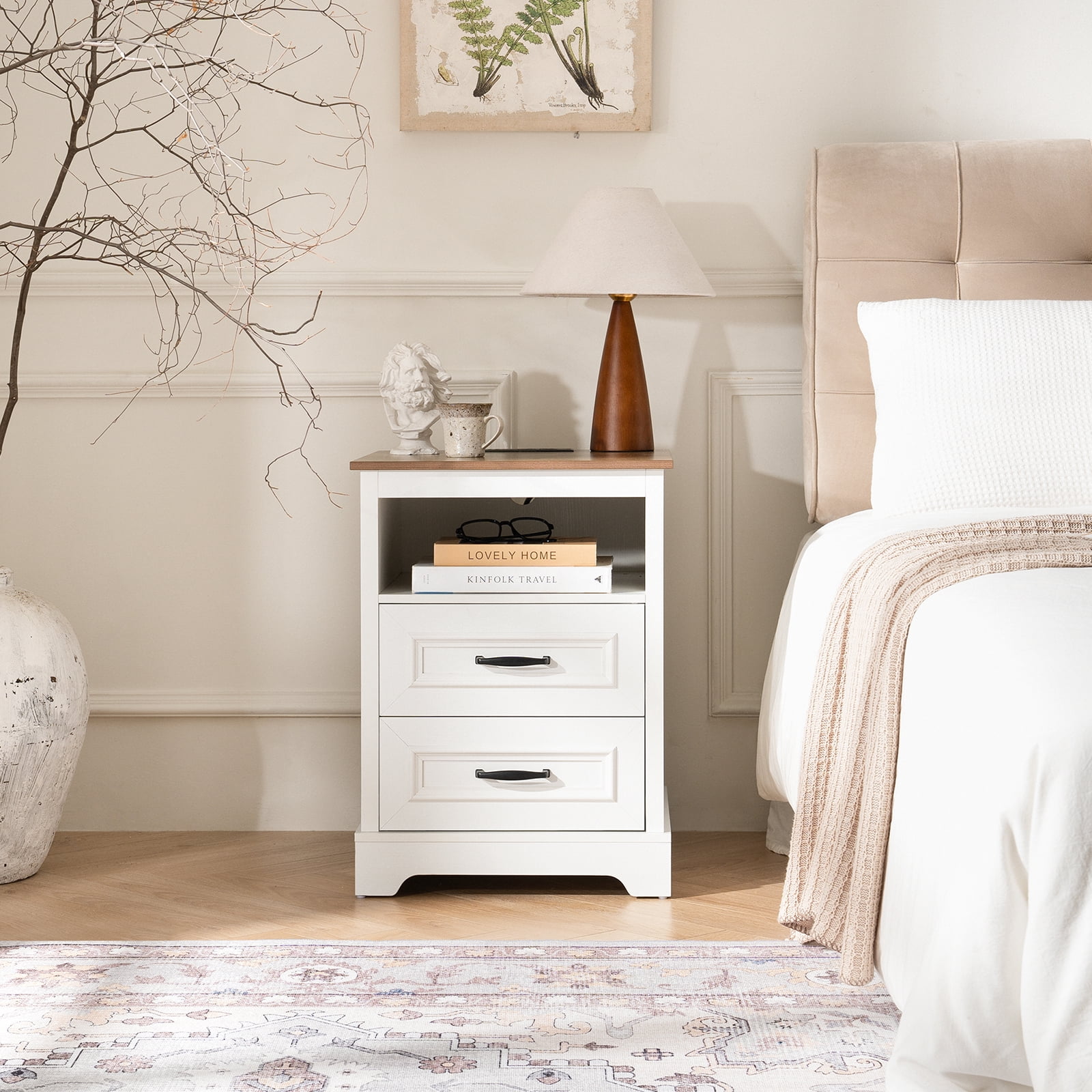 Farmhouse Nightstand with Charging Station and 2 drawers, Rustic Wood Bed Side Tables with Open Storage Shelf, Bedroom Living Room,White