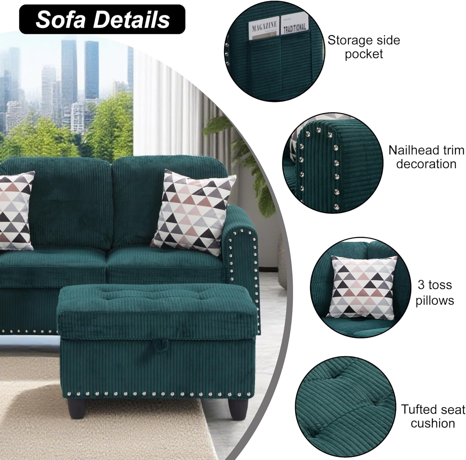 Gewnee 6 Seaters 94.49”L-Shaped Modular Sectional Sofa Couch ,Corduroy Fabric 2 Built-in Cup Holders with Storage Ottoman for Living Room