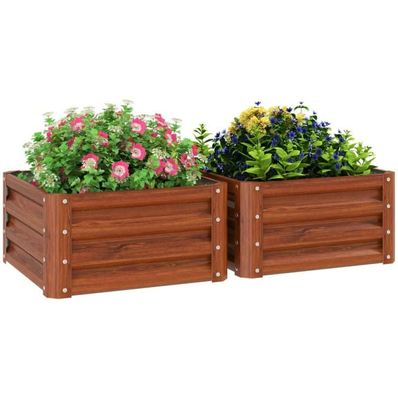 Yardi Yarda 2 Pieces Galvanized Raised Garden Bed, 2' x 2' x 1' Metal Planter Box for Garden Growing Vegetables, Flowers, Herbs, Succulents, Brown