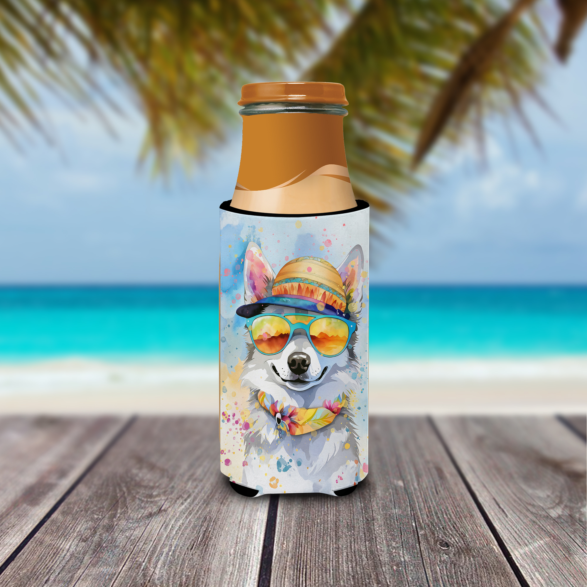 Alaskan Klee Kai Hippie Dawg Hugger for Ultra Slim Cans 4 in x 6.5 in