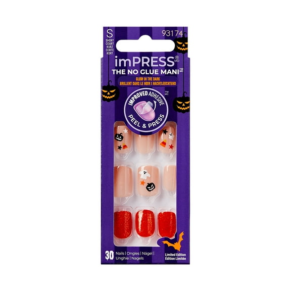 KISS imPRESS No Glue Needed Press On Nails, Design Glow in the Dark, BOO, Beige, Short Squoval, 30 Count