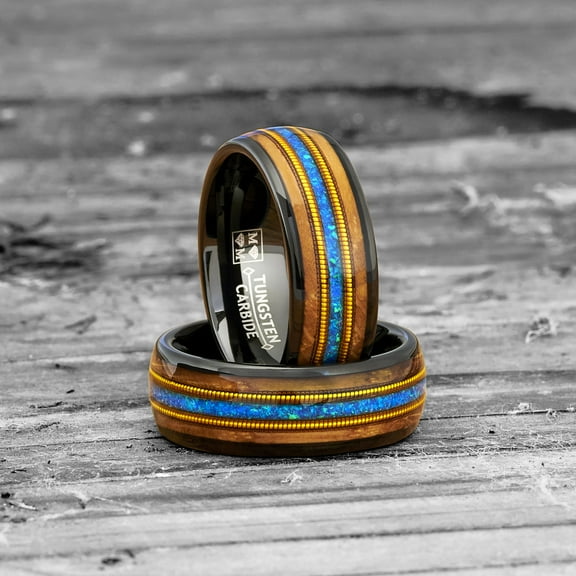Metal Masters Tungsten Carbide Mens Ring Wedding Band Whiskey Barrel Crushed Opal Gold Guitar String Inlaid 8mm Comfort-Fit Black