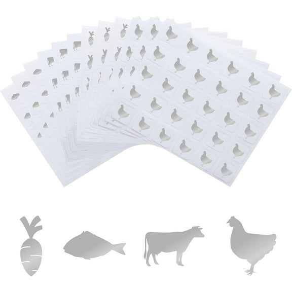 1200pcs 4 Styles Silver Food Choice Stickers 1 Inch - Cow/Chicken/Fish/Carrot Wedding Meal Indicator for Place Card Kitchen Party Supplies Silver 1set