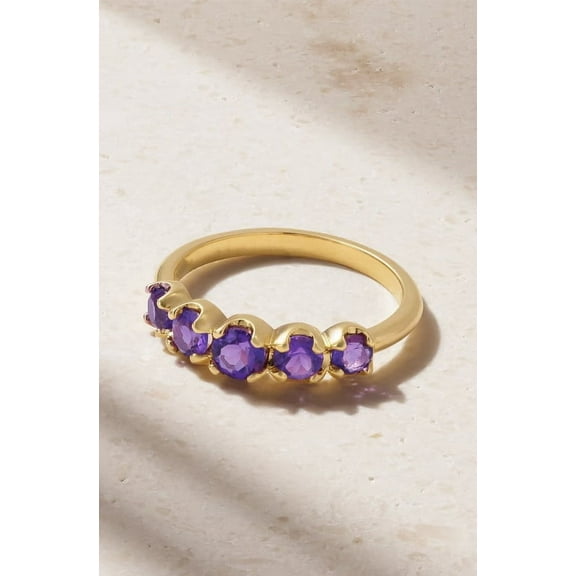 Round Cut Lab Created Amethyst Wedding Band Ring in 925 Sterling Silver – Dainty 5 Stone Birthstone Ring, Perfect for Engagement, Anniversary, and Birthstone Gifts