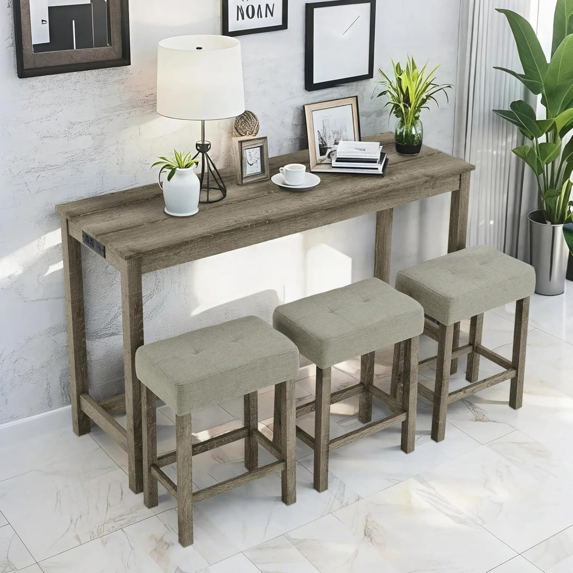 AENKYO 4-Piece Bar Table Set with Charging Station, 59" Counter Height Table and 3 Upholstered Stools for Small Space, Brown