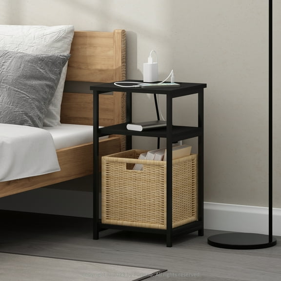 Furinno Moretti 3-Tier USB and Type-C Charging Port Open Storage Side Table with Metal Frame, Americano