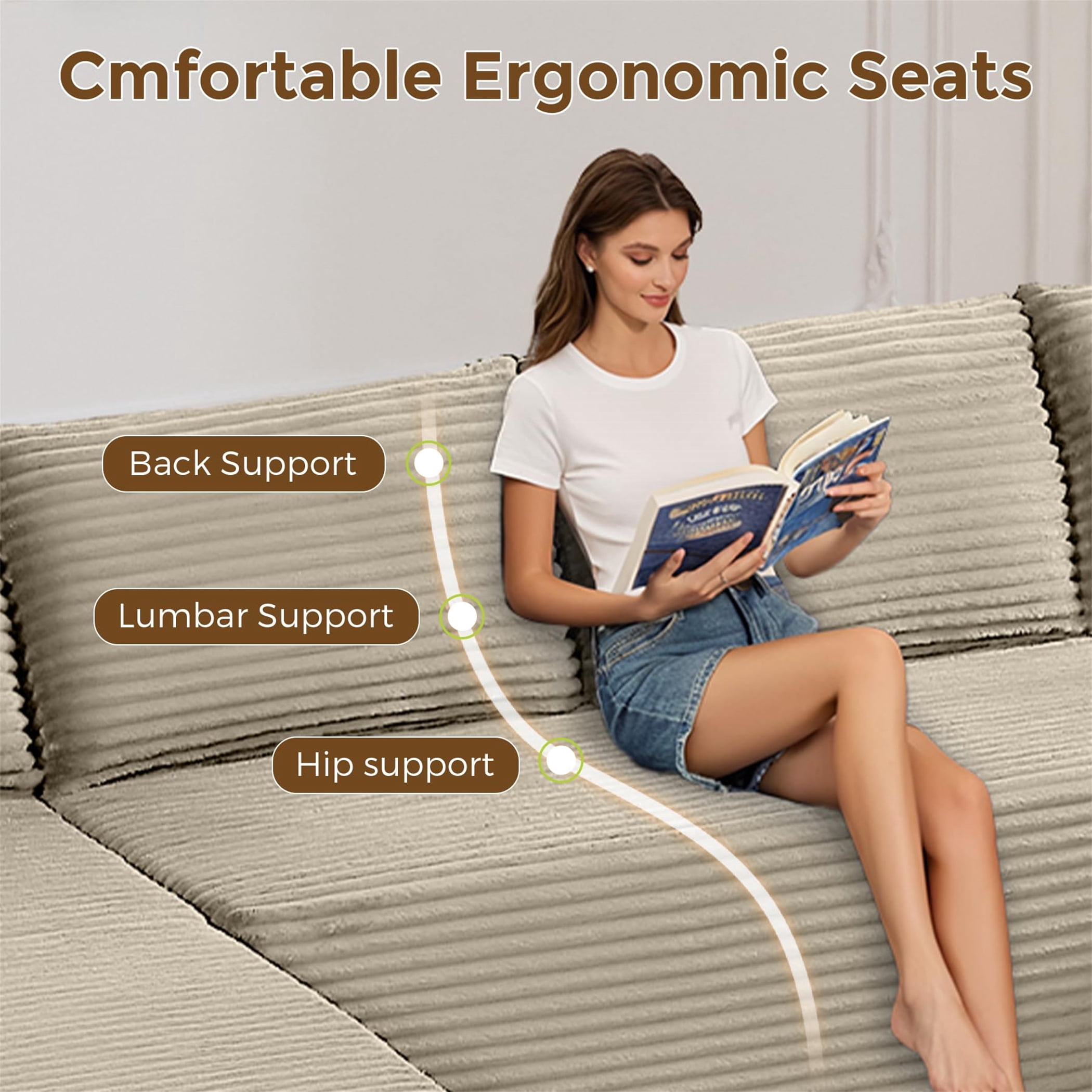 Aukfa 133" Cloud Sectional Sofa Oversized Boneless Couch Modular U-Shaped Couch, Double Chaise Corduroy Sofa for Living Room, Camel