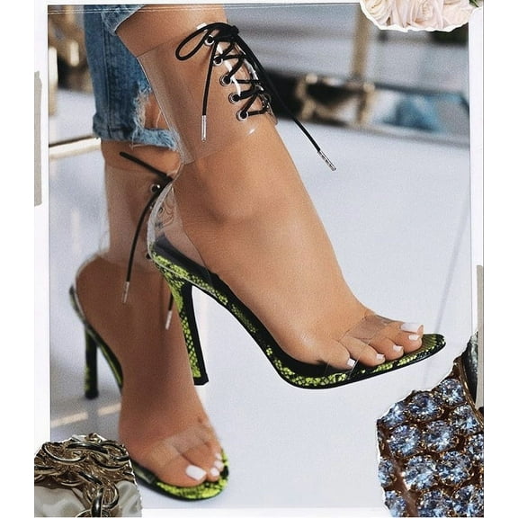 Cape Robbin Passion Neon Yellow Clear Lace Dainty High Heel Sandal Transparent
