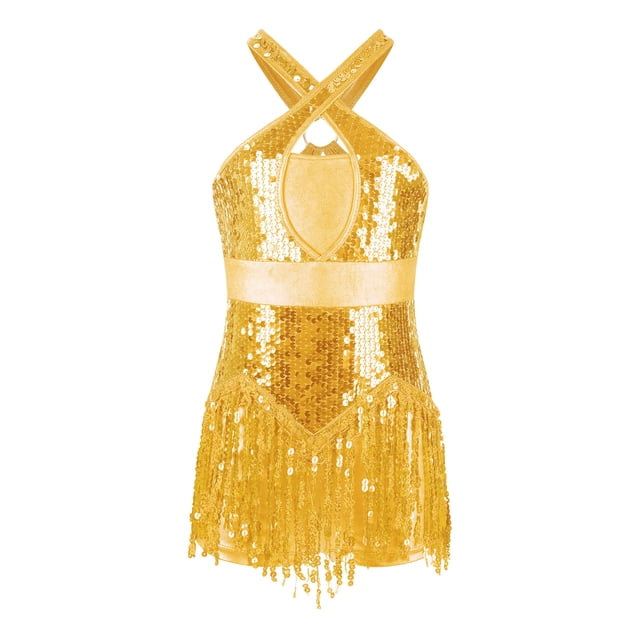 Raenseen Costume de Danse Jazz Rumba Samba pour Filles Enfants Robe de Danse Latine à Paillettes Ourlet à Franges Ballet Or 12