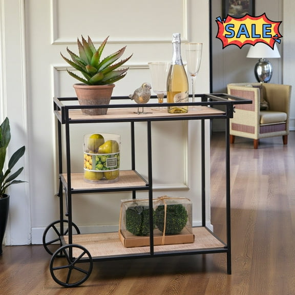 Tcbosik 3-Tier Storage Cart, Utility Bar Cart with 2 Wheels, Shelving Unit with Metal Frame for Small Space, Kitchen, Dining Room, Living Room, Black & Brown