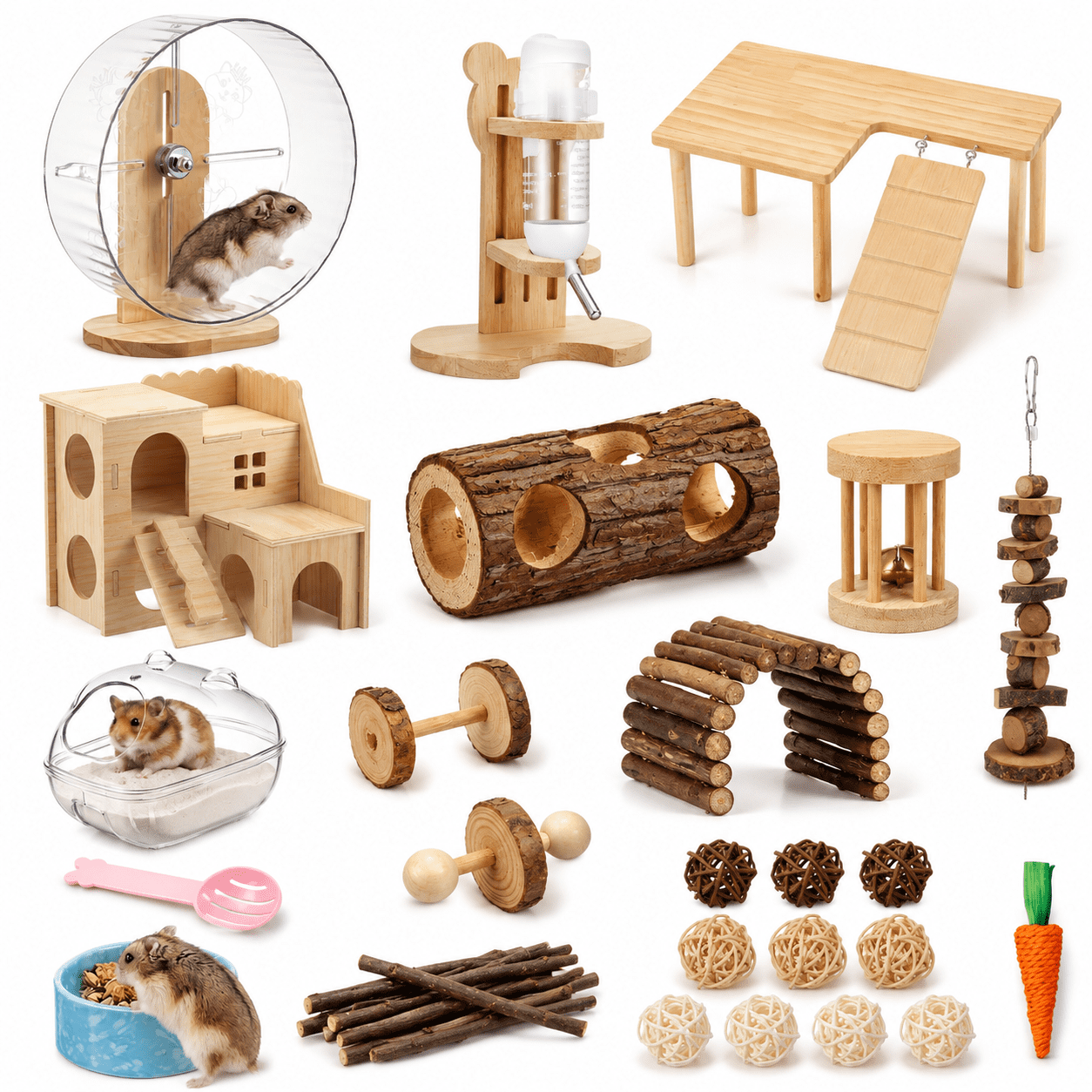 40 Hamster Caccessories 9.5'' Exercise Wheel Wood Platformout House Water Bottle Sand Bath Bowl For Syrian Hamsters Mice Gerbils