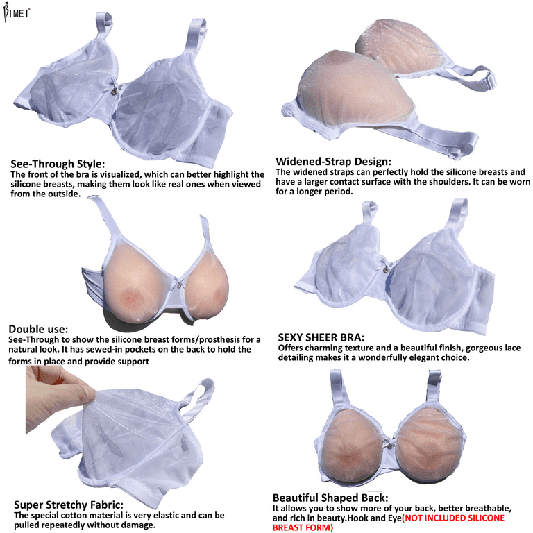 BIMEI See Through Bra CD Mastectomy Lingerie Bra Silicone Breast Forms  Prosthesis Pocket Bra with Steel Ring 9008,Beige,42B 