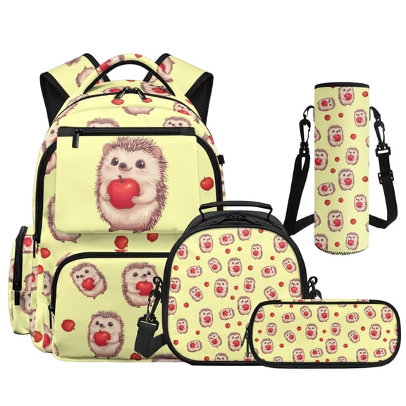 Yspwyqan Yellow Hedgehog Apple Set of 4 Backpack Set with Lunch Box Pencil Case Water Bottle, Multi-Pocket Lightweight School Bags Fits 15.6 Laptop for Elementary Middle School