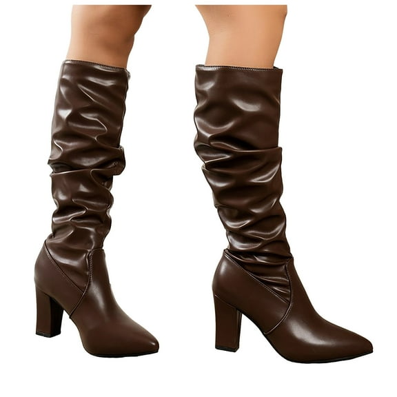 Knee High Boots Women Slouchy Leather Pointed Toe High Block heel Pull on Fall Winter Tall Booties
