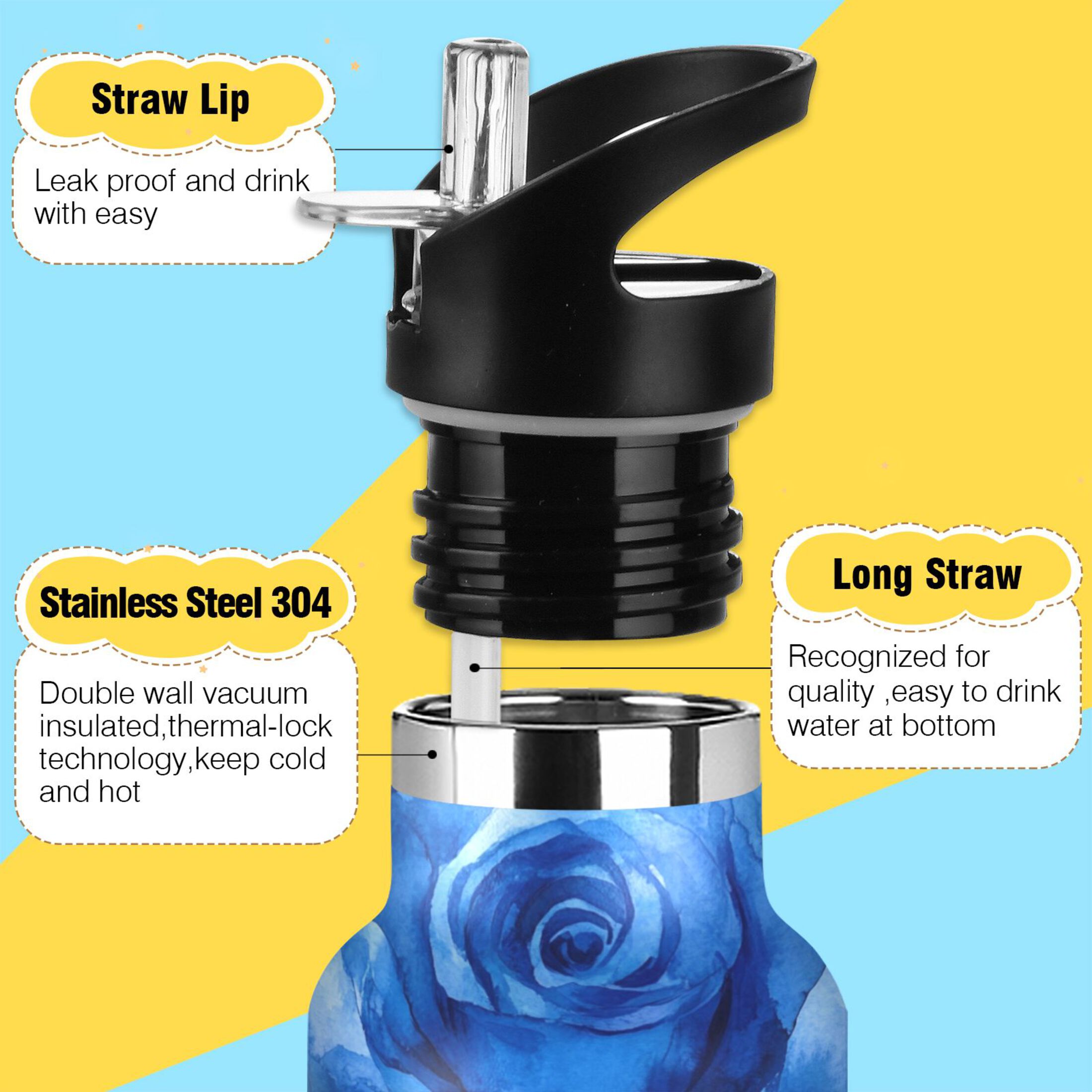 600ML Stainless Steel Insulated Cup Sports Water Bottle Portable Thermos Cup Water Glasses Insulated Tumblers Convenient and Durable Cartoon Blue Roses
