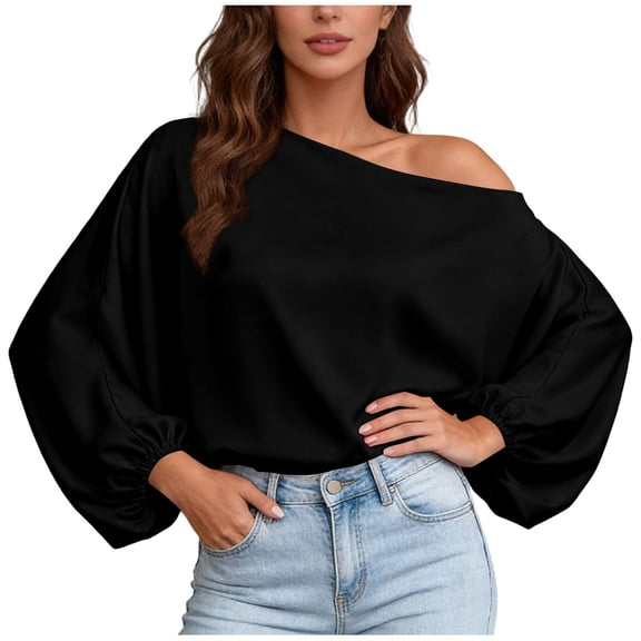 Sexlip Womens Off Shoulder Blouse Long Sleeve Puff Sleeve Design Satin Fabric Flowy Silhouette for Evening Occasions Black S