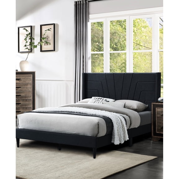 Modern Bedroom Platform Bed: Queen Size With Charcoal Burlap Upholstered Headboard Bed Fabric And Base