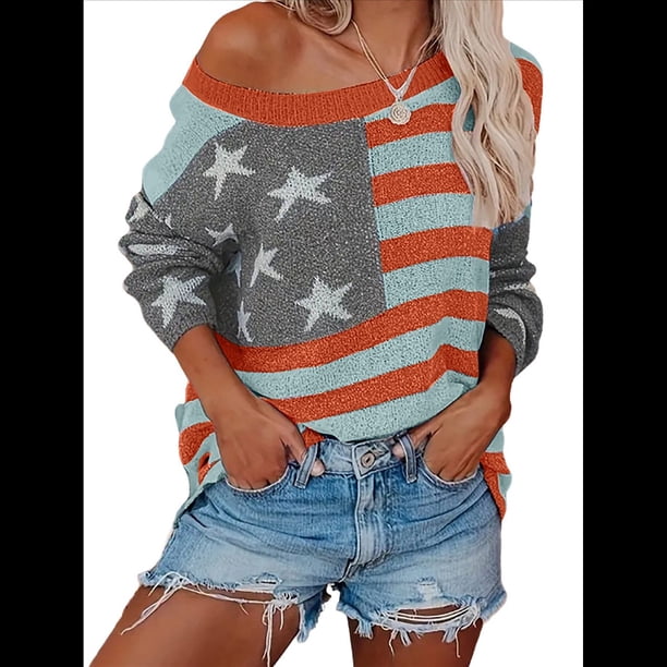 Suéter con Bandera Estadounidense para Mujer, Sudadera de Punto, Larga, Holgado, Estilo Invierno Otoño 1, Talla XL