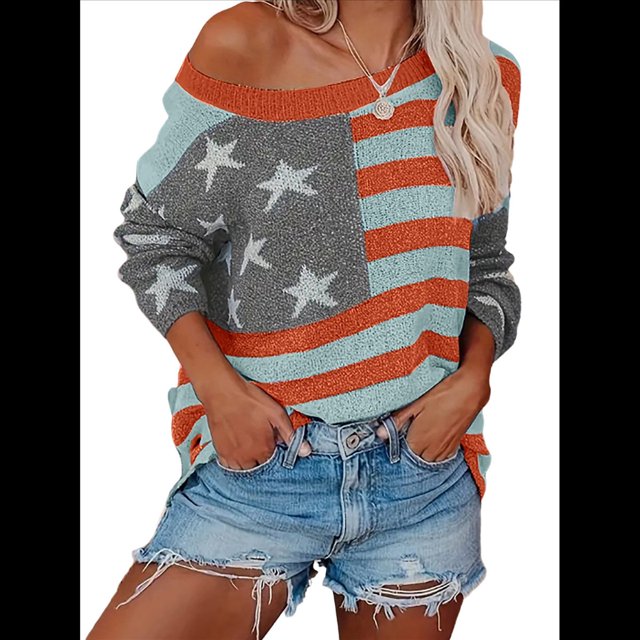 Suéter con Bandera Estadounidense para Mujer, Sudadera de Punto, Larga, Holgado, Estilo Invierno Otoño 1, Talla M