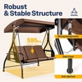 thumbnail image 4 of VIVOHOME 3 Seat Porch Swing Chair with Converting Canopy&Removable Cushion, Cushioned Steel Frame Porch Canopy Swing Chair, Swing Glider Hammock for Patio, Garden - Brown, 4 of 13