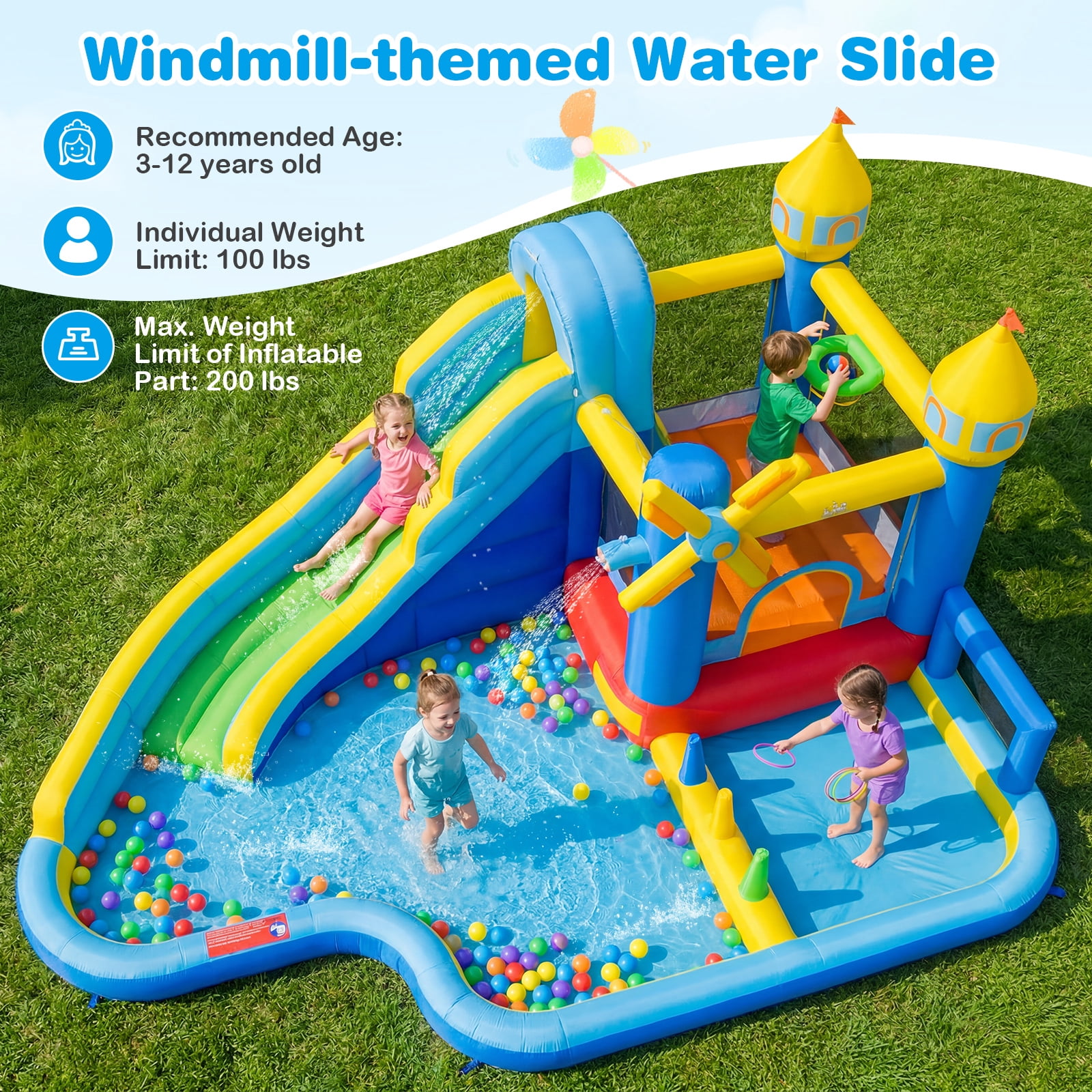Costway Inflatable Water Slide Park with Slide, Jumping Area, Splash Pools, 680W Blower