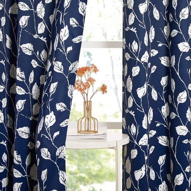 Kgorge Cortinas Opacas Para Ventanas Para Dormitorio, Diseño De Hojas Blancas, Cortinas Con Ojales, De Bajo Consumo, Cortinas De Privacidad Para Sala De Estar, Baño, Granja, Azul Marino, 20.5 X 24.8 I