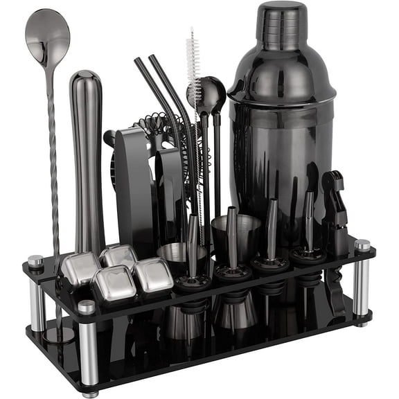 23 Piece Cocktail Shaker Set Bartender Kit with Acrylic Stand & Cocktail Recipes Booklet, Professional Bar Tools for Drink Mixing, Home, Bar, Party (Include 4 Whiskey Stones) - Black