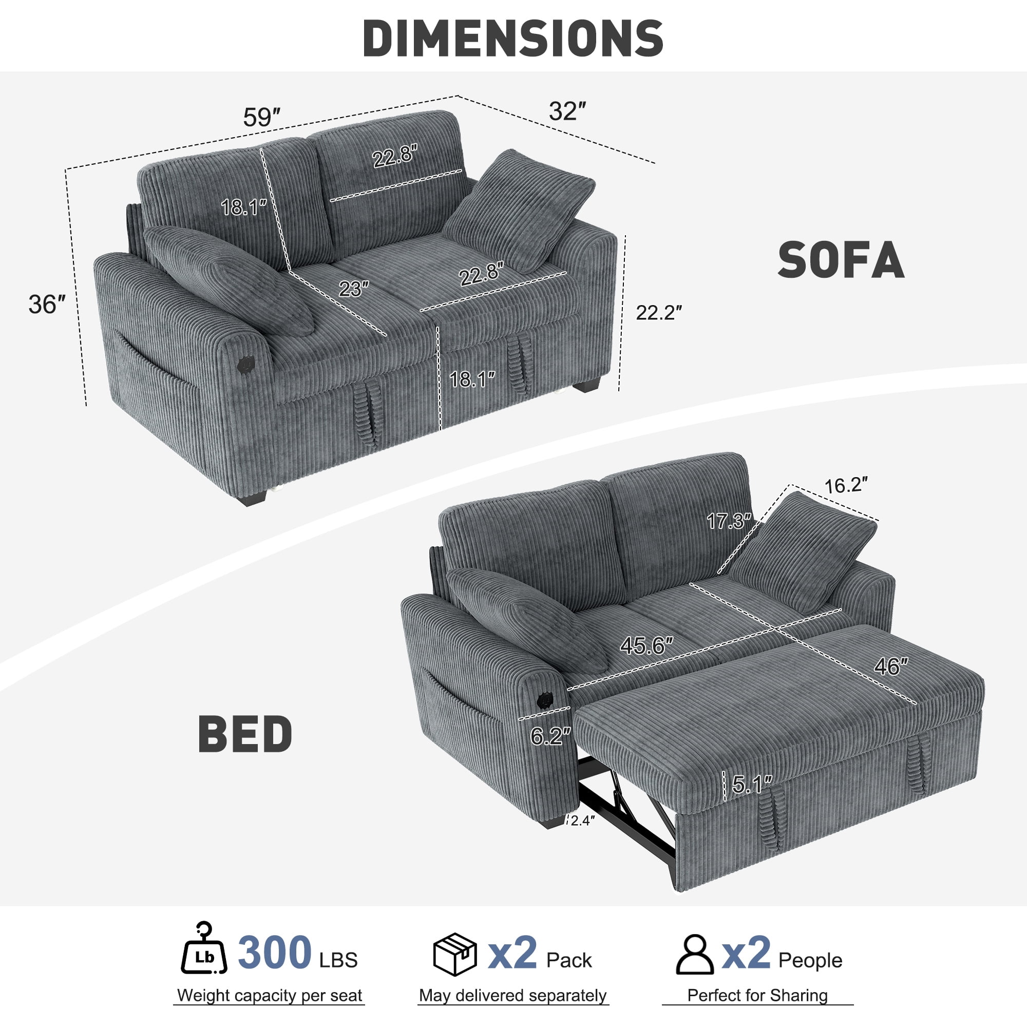 BedLuxury 59" Loveseat With Pull Out Bed, Sleeper Sofa Bed With USB Charging & Side Storage for Small Spaces, Corduroy Gray