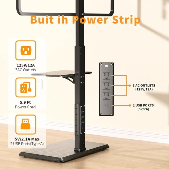 EISRUNGF- Universal Floor TV Stand, TV Floor Mount Stand with Power Outlet & Removable Shelf for 32-75 inch TV up to 110 lbs, Swivel and Height Adjustable Tall TV Stand for Bedroom(TCP01-2-M-A01)