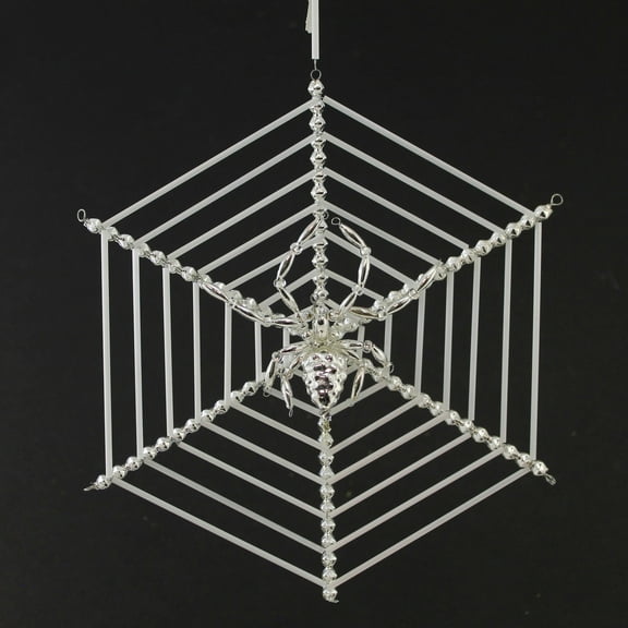 Santa Land 8.00In Beaded Silver Christmas Spider, Glass, Ornament Web Czech Luck 21R1010