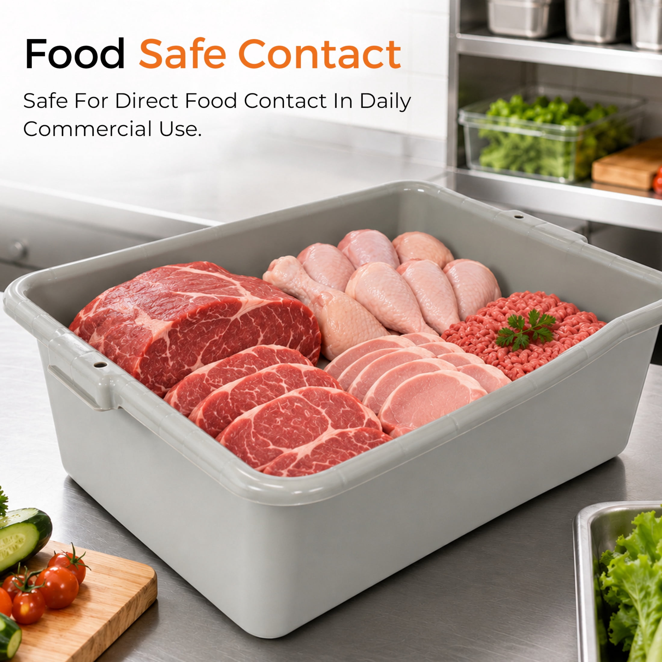 Noble House 6-Pack 9 Gallon Food-Grade Commercial Meat Tubs with Lids, Heavy Duty Utility Container, Gray