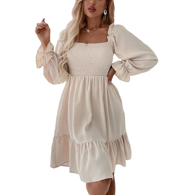Xingqing Robe Mini Trapèze pour Femmes Aguichant à Manches Longues à Encolure Carrée, Smockée, à Volants, Unie, Abricot G