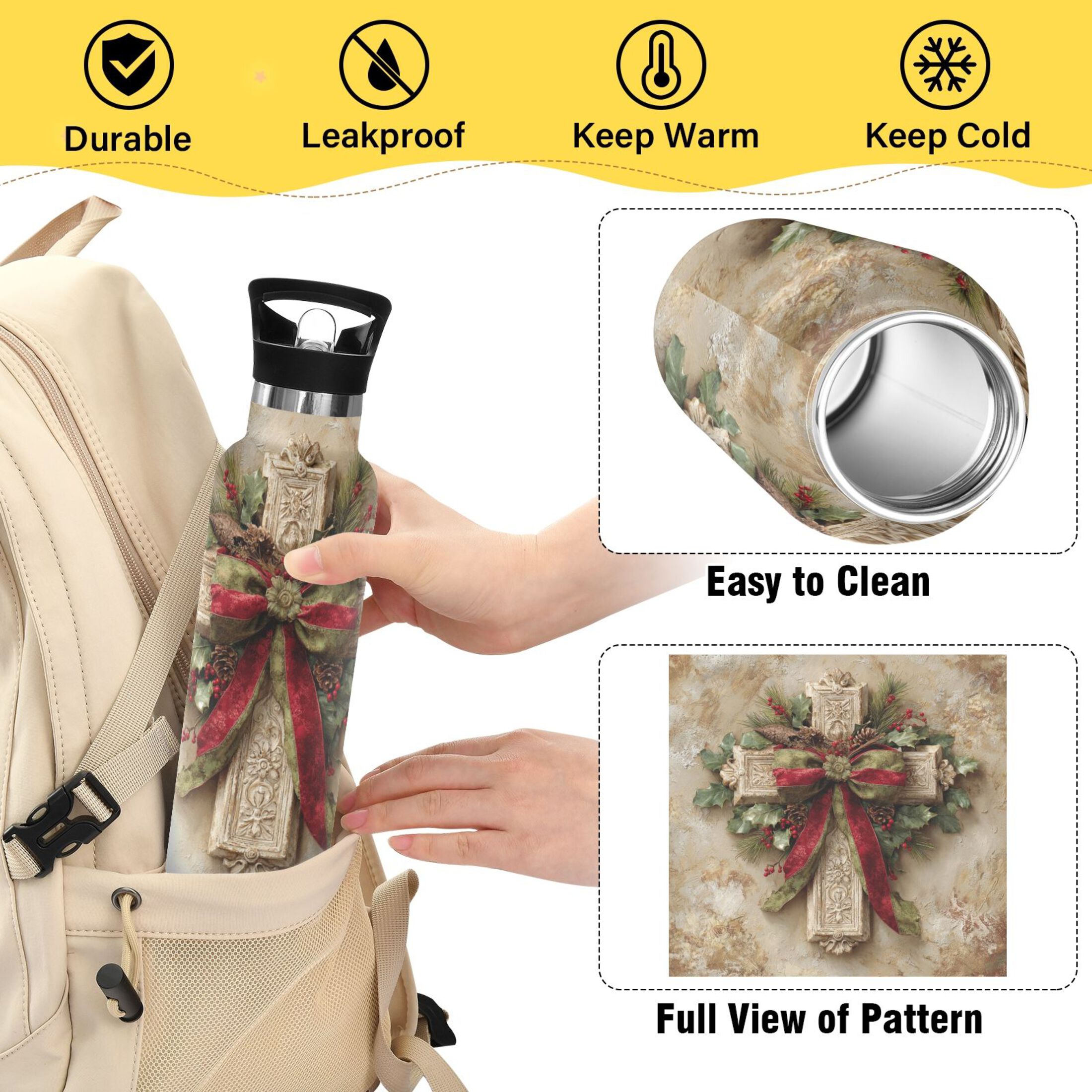 600ML Stainless Steel Insulated Cup Sports Water Bottle Portable Thermos Cup Water Glasses Insulated Tumblers Convenient and Durable Christmas Cross Cartoon