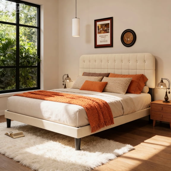 Lofka Bed Frame Queen, Upholstered Platform Bed with Headboard, No Box Spring Needed/Easy Assembly, Beige
