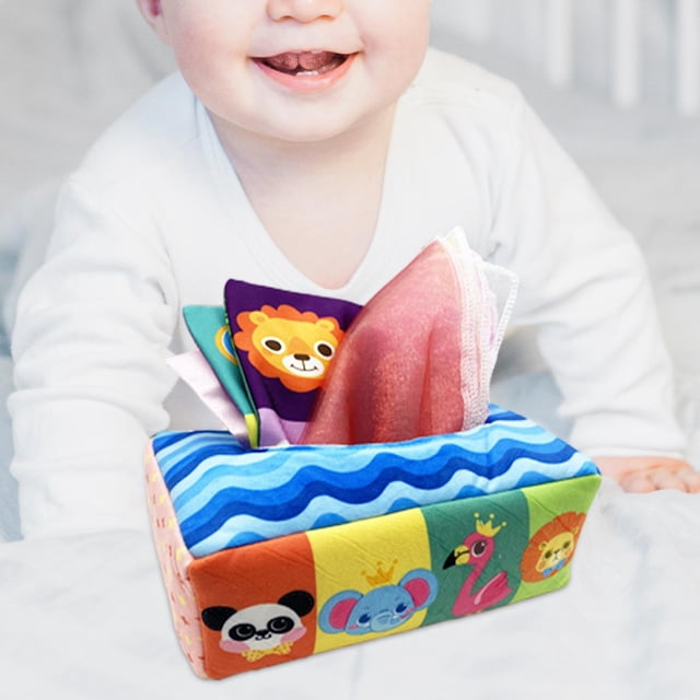 Caja de pañuelos para niños, juguete suave de alto contraste, juguetes para bebés, habilidad fina con papeles arrugados, bufanda suave colorida , animal Hugo juego sensorial