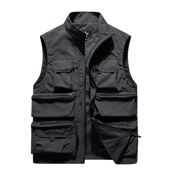YUGYXL Men's Casual Lightweight Outdoor Fishing Work Travel Cargo Vest Jacket Sleeveless Stand Collar Coat Multi Pockets Gray XL