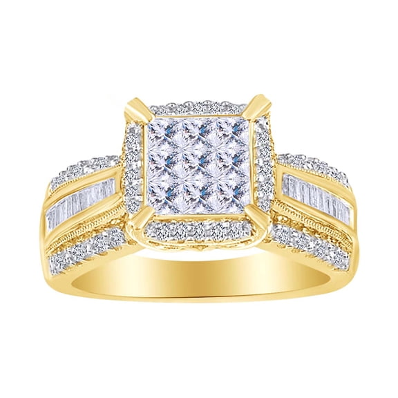 AFFY Multi Shape White Natural Diamond Square Cluster Engagement Ring In 10K Solid Yellow Gold (1 cttw)-4