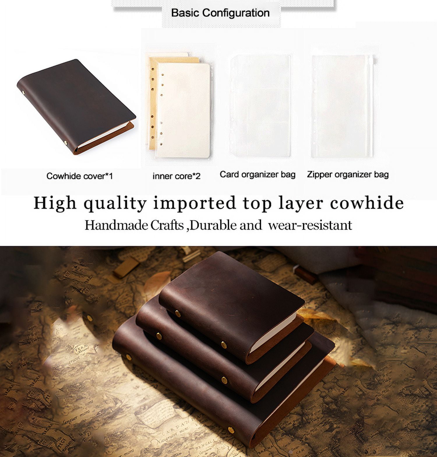 KISSKI·H Olvido A7 Refillable Leather Writing Notebook, Vintage Journal Binder Notebook, 6 Ring Binder Travelers Diary Notebook, A7 Cover with 80 Lined Pages, Handmade Gift for Women/Men, Dark brown