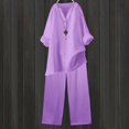 thumbnail image 4 of JFGHDG Linen Sets for Women 2 Piece Half Sleeve Henley Embroidered Tops Flowy Summer Palazzo Pants Sets Matching Lounge Set Purple XL, 4 of 7