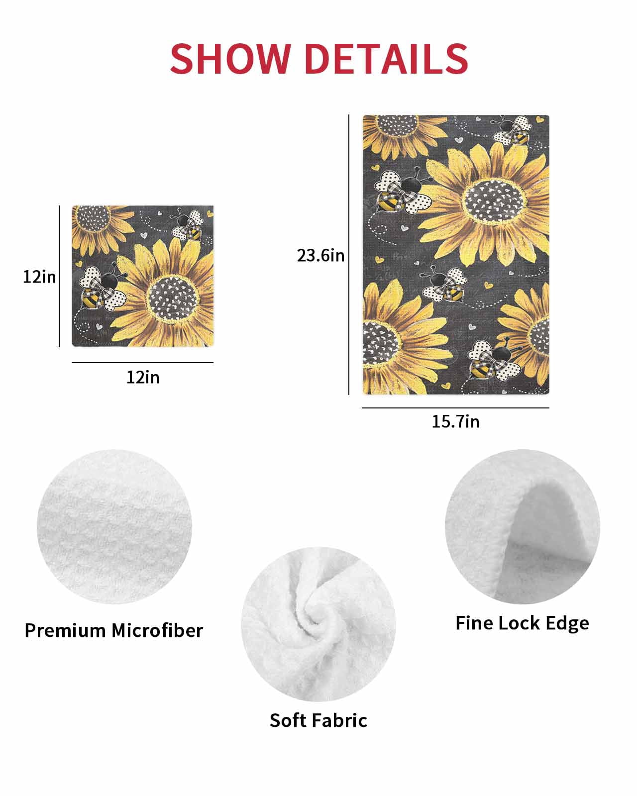 Sunflower Bee Kitchen Dish Towels for Drying Dishes Set of 4, Black Yellow Farm Flower Spring Summer Waffle Weave Microfiber Terry Hand Tea Bathroom Towels Quick Dry & Absorbent Towel 15.7x23.6