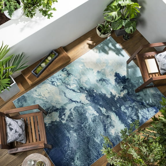 Livabliss Outdoor Rugs, 5x7 Bodrum Modern Blue Area Rug for Patio, Porch, Deck, Backyard, Waterproof Indoor Outdoor Carpet (5'3" x 7'3")