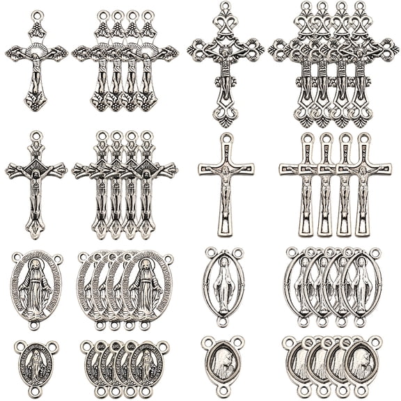 DIY Rosary Bead style Jewelry Making Findings Kit Including Tibetan style Alloy Oval Chandelier Component Links & Pendants Silver 15~43.5x10.5~26x1.8~3mm Hole: 1~2mm 80pcs/box