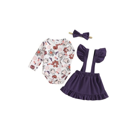 

ELF Baby Girl Halloween Outfit Ghost Pumpkin Print Long Sleeve Romper with Suspender Skirt and Bow Headband Set