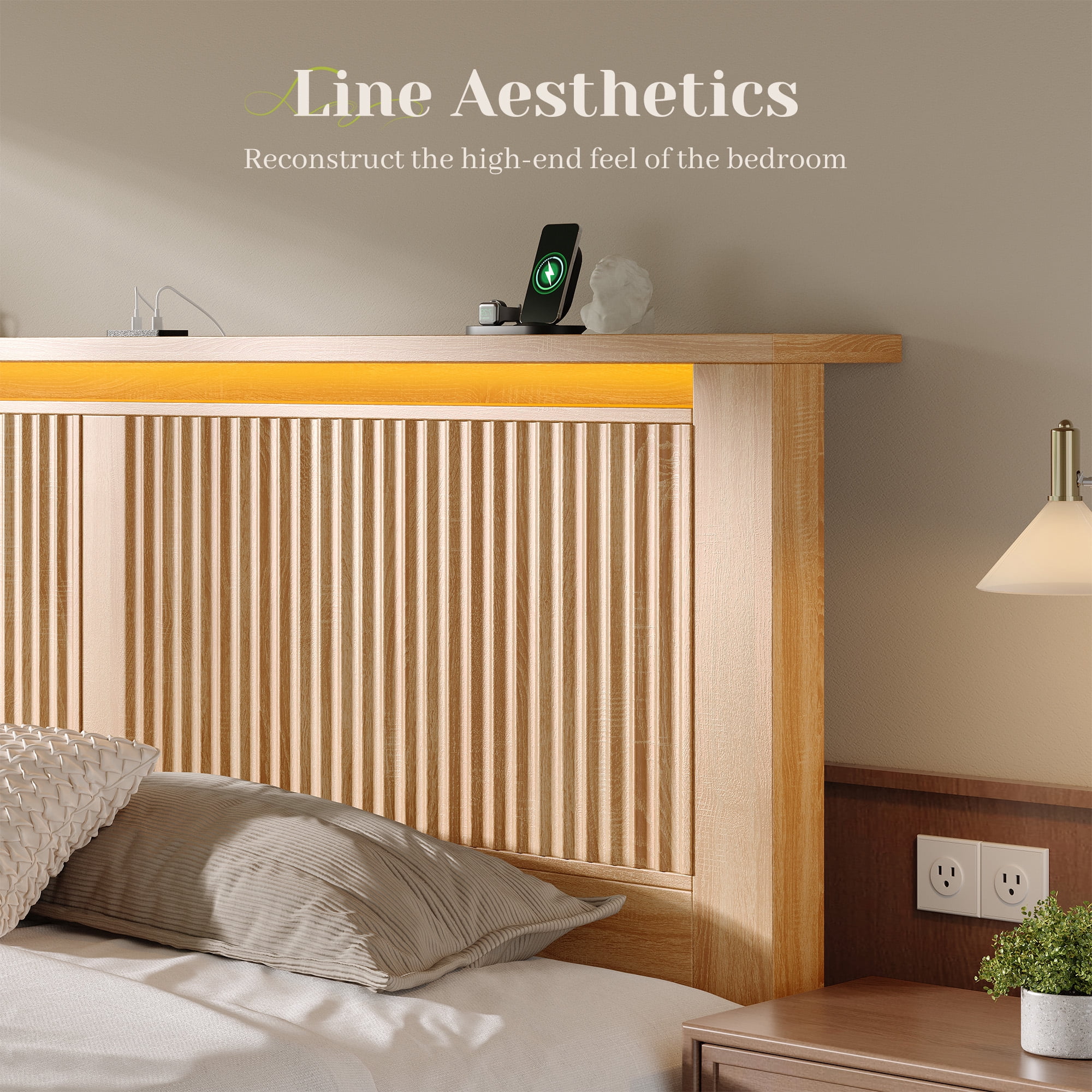 EnHomee Wood Bed Frame Queen with Headboard Bed Frame with Storage Shelf and Drawers Farmhouse Bed Frame with 2 Drawers & Charge Station & LED Light, Rustic Oak