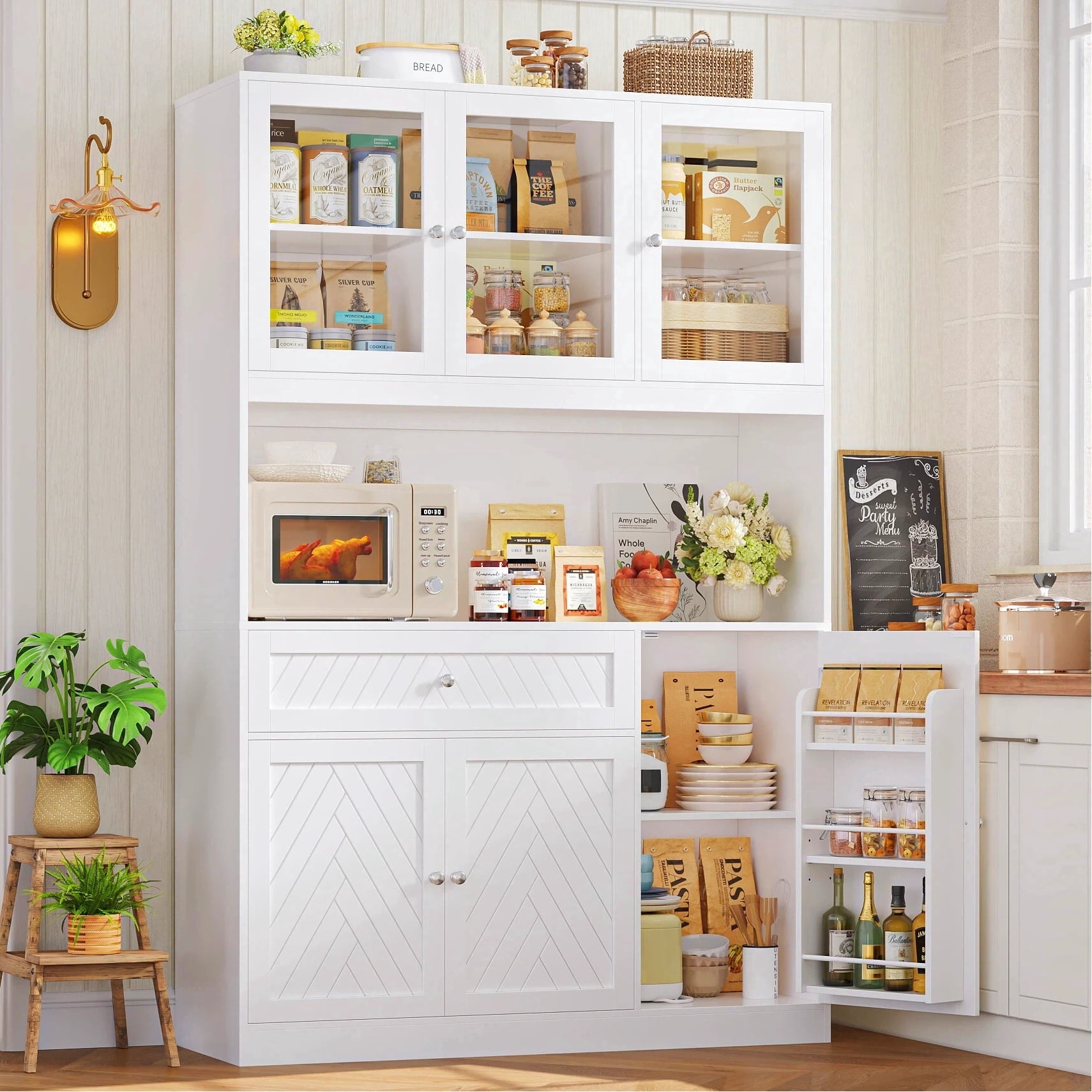 Hiphuta 72" Tall Modern Pantry Cabinet with Adjustable Shelves, Freestanding Kitchen Hutch Cabinet for Dining Room, White