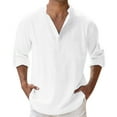 thumbnail image 3 of Cotton Linen Shirts for Men Spring Summer Long Sleeve Band Collar Lightweight Relaxed Fit Work Shirts, 3 of 6