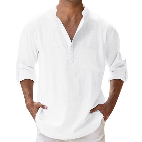 JAJAHO Mens Pocket T Shirts Henley Long Sleeve Summer Linen Loose Fit Solid Color Basic Tees Beach Clothes Classic Tops