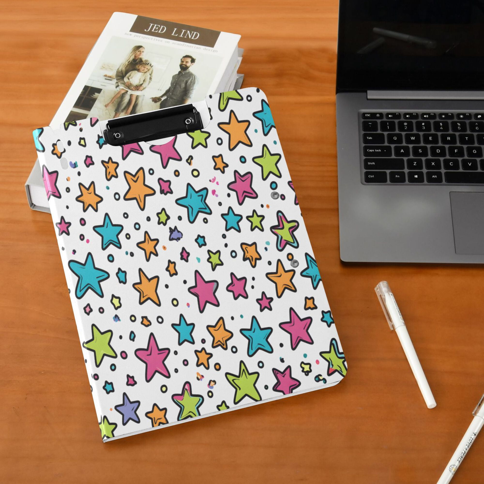 FORMRS A4 Clipboard Folder with Pen Holder Horizontal Foldable School Office Binder, White Stars
