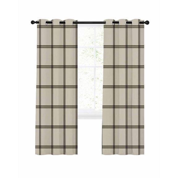 Linen Buffalo Check Blackout Curtains, Light Blocking Print Window Curtains, Retro Black Lines Grid Pattern Thermal Insulated Window Drapes for Living Room Kitchen Cafe 2 Panels, 84"W x 63"L